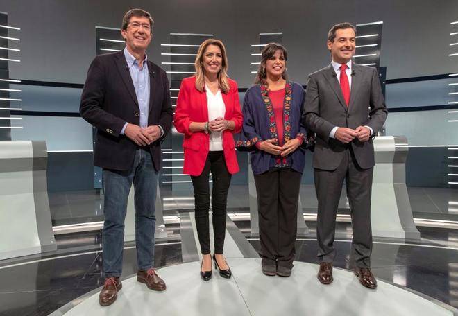 Juan Marín (Cs), Susana Díaz (PSOE-A), Teresa Rodríguez (Adelante Andalucía) y Juanma Moreno (PPA) en el debate de candidatos. Foto: EFE