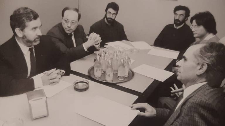 Reunión en la que se anunció la creación de la UJI. De izquierda a derecha, Joan Lerma, Francisco Solsona, Lluís Meseguer, Vicent Climent, Vicent Ortells y Salvador Cabedo. (Foto: José Mª Arquimbau)