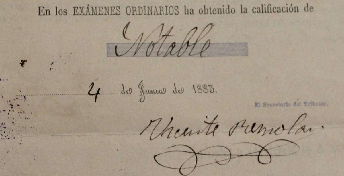 Calificación de 'Notable' en Latín y Castellano, al final del curso 1882-1883 (Archivo IES Ribalta)