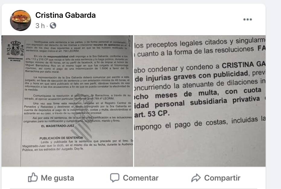 Publicación de la sentencia en el perfil de Facebook de Cristina Gabarda