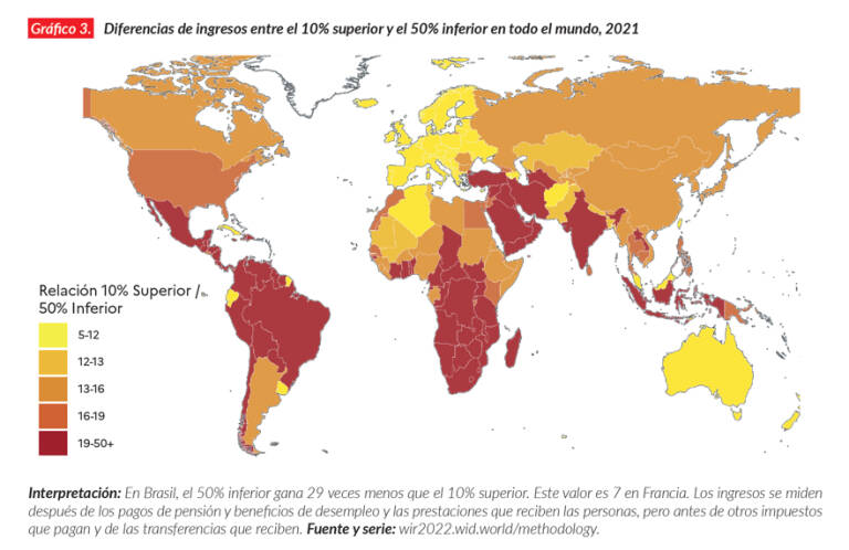 Diferencias de ingresos entre el 10% superior y el 50% inferior en el mundo (2021). Foto: INFORME SOBRE LA DESIGUALDAD MUNDIAL 2022 (2021) 