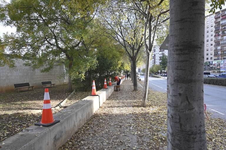 Los operarios rematan el muro del parque tras retirar el vallado. Foto: CARLOS PASCUAL