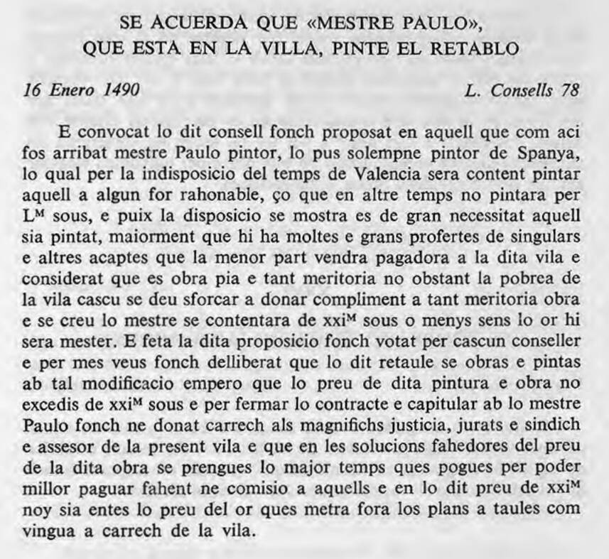 Reproducción del documento del 'Llibre de Consells' de Castelló que recoge el acuerdo con el pintor.