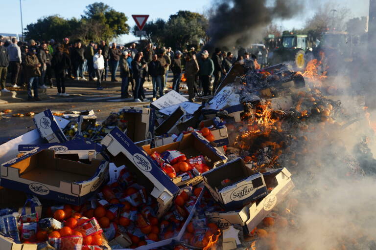 Agricultores franceses queman frutas españolas. Foto: EFE/EPA/GUILLAUME HORCAJUELO